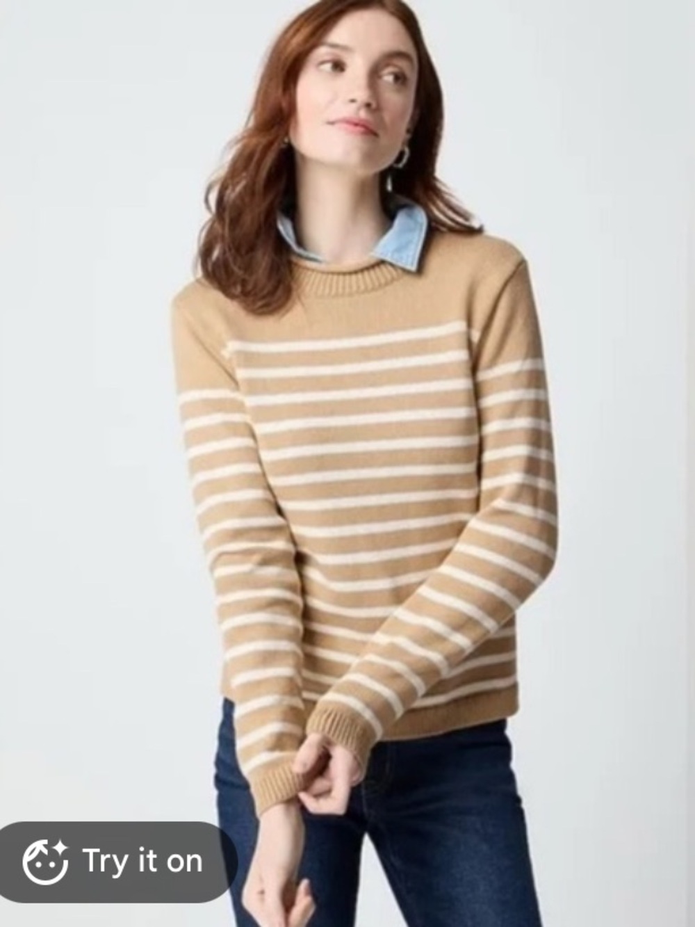 J. Crew Striped Classic Rollneck/Mockneck Cotton Sweater, Camel/White, M, NWOT - Picture 7 of 8